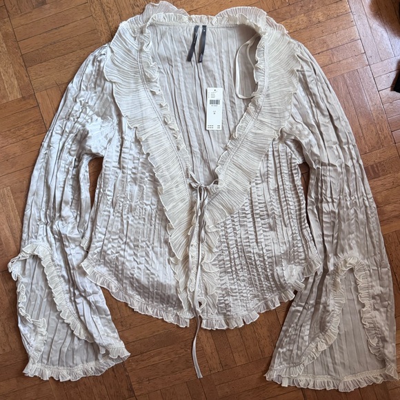 Anthropologie Cream Ruffle-Trim Tie Front Blouse - Picture 5 of 7